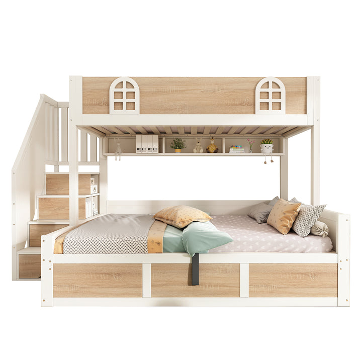 White wooden bunk beds with staircase and storage 90x190cm +135x190cm FOCUSIAL