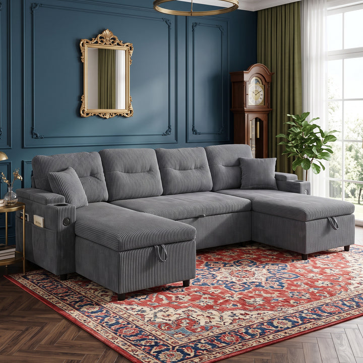 Luxury 4 Seater Grey Corduroy Convertible U-Shape Sofa with Dual Storage Chaises, Cup Holders and USB-C