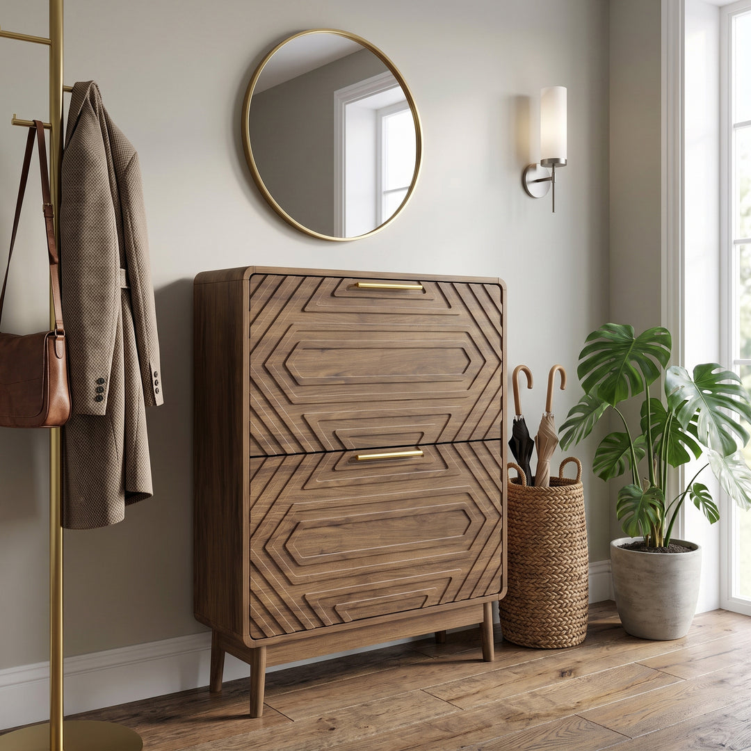 Walnut Shoe Cabinet with 2 Flip-Down Drawers, Slim Storage 60cm WOODELITE