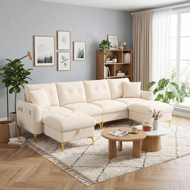 Modular U-Shaped Sofa 4 Seater Beige Chenille with 2 Storage Ottomans WOODMAX