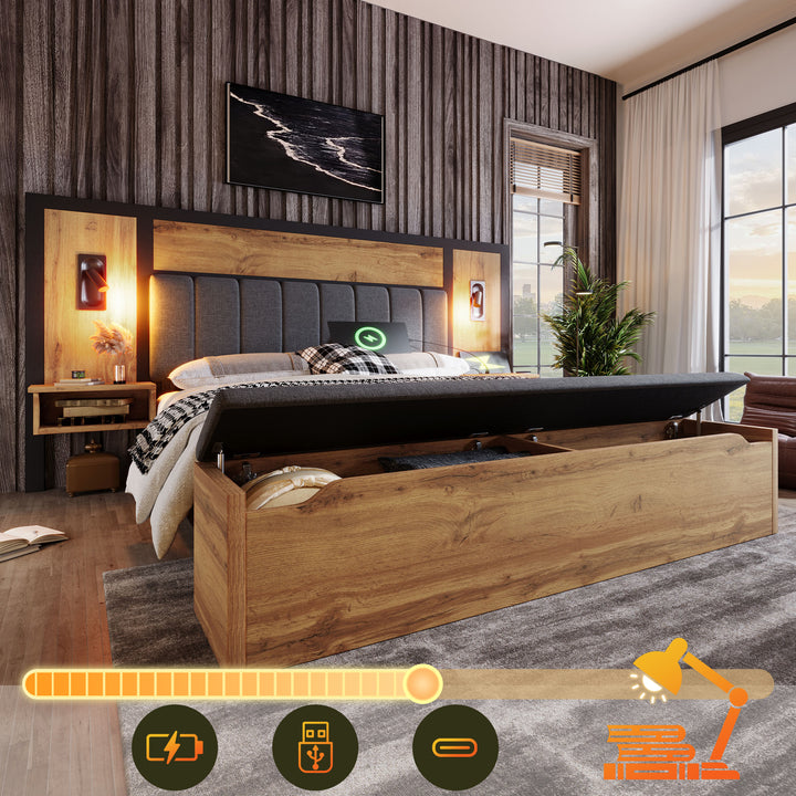 Double Oak Wooden Platform Bed with Storage Bench, Lamps and Charging Station 150x200cm URBANWICKERMAX