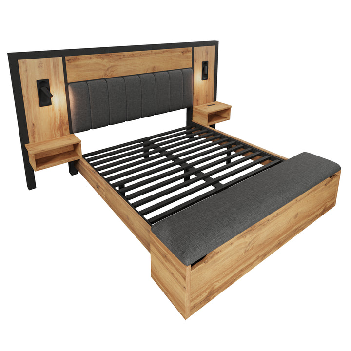 Double Oak Wooden Platform Bed with Storage Bench, Lamps and Charging Station 150x200cm URBANWICKERMAX