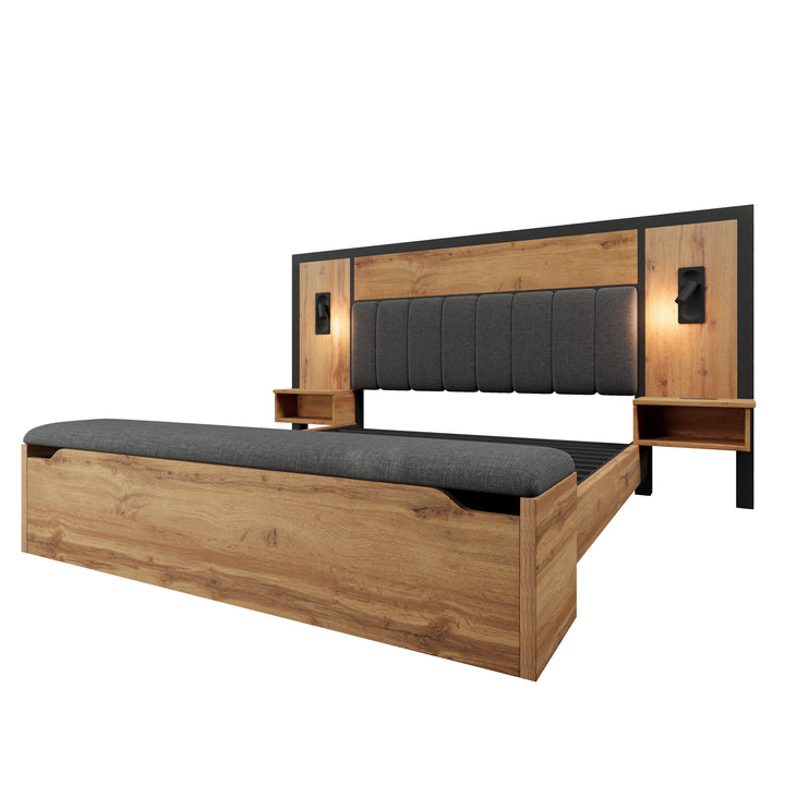Double Oak Wooden Platform Bed with Storage Bench, Lamps and Charging Station 150x200cm URBANWICKERMAX