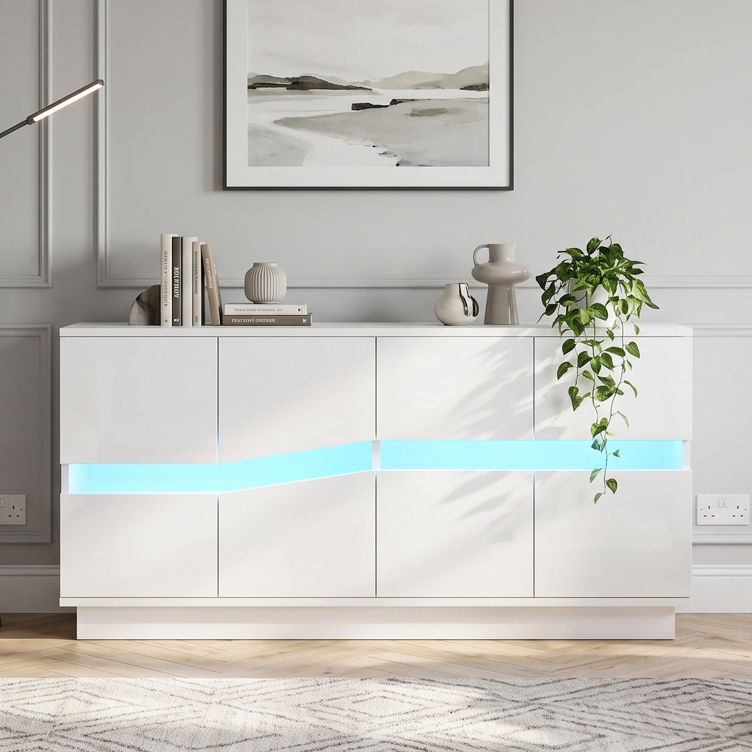 White High-Gloss Sideboard&nbsp;with 4 Doors & LED Lighting 140cm WICKERTABLE