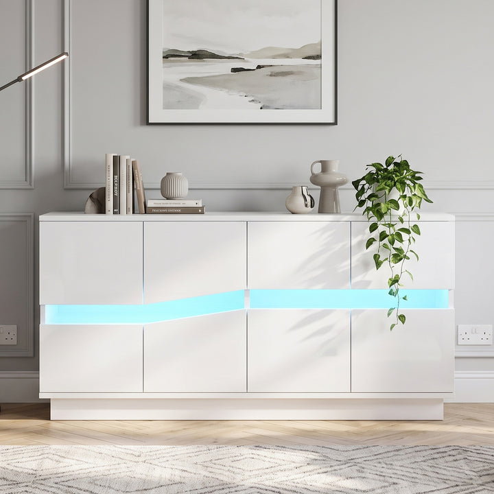 White High-Gloss Sideboard&nbsp;with 4 Doors & LED Lighting 140cm WICKERTABLE