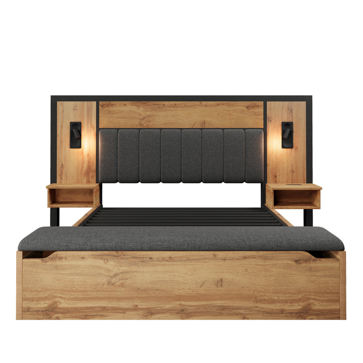 Double Oak Wooden Platform Bed with Storage Bench, Lamps and Charging Station 150x200cm URBANWICKERMAX