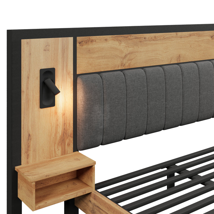 Double Oak Wooden Platform Bed with Storage Bench, Lamps and Charging Station 150x200cm URBANWICKERMAX