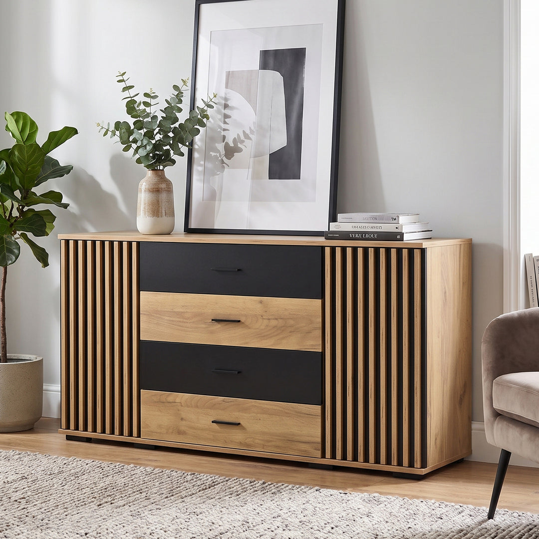 Oak Sideboard Black Stripe with 4 Drawers & 2 Doors 140cm WOODCHAIR