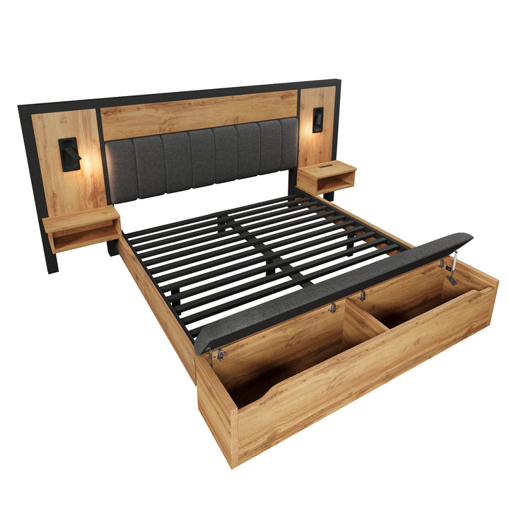 Double Oak Wooden Platform Bed with Storage Bench, Lamps and Charging Station 150x200cm URBANWICKERMAX