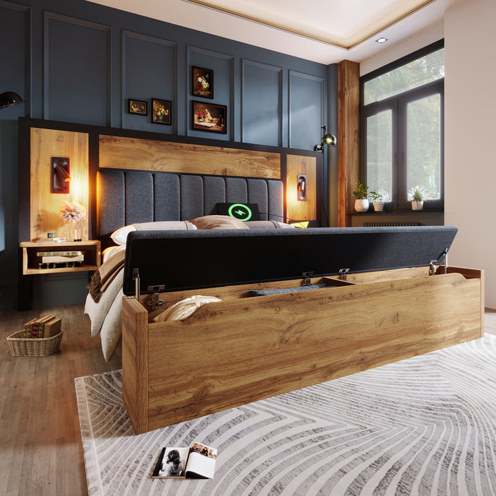 Double Oak Wooden Platform Bed with Storage Bench, Lamps and Charging Station 150x200cm URBANWICKERMAX