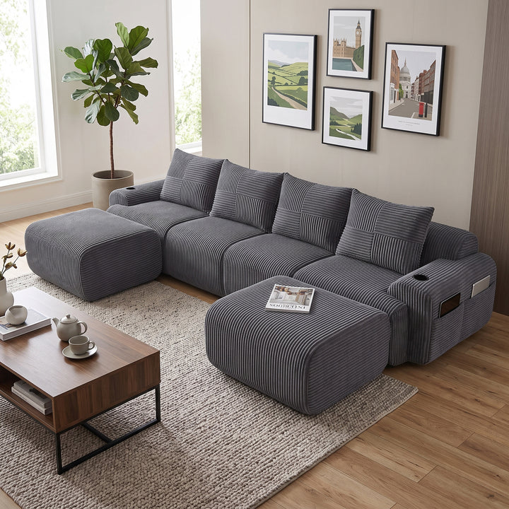 4-seaters modular corduroy sofa with 2 ottomans, dark grey RACKONE
