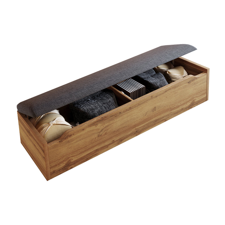 Double Oak Wooden Platform Bed with Storage Bench, Lamps and Charging Station 150x200cm URBANWICKERMAX