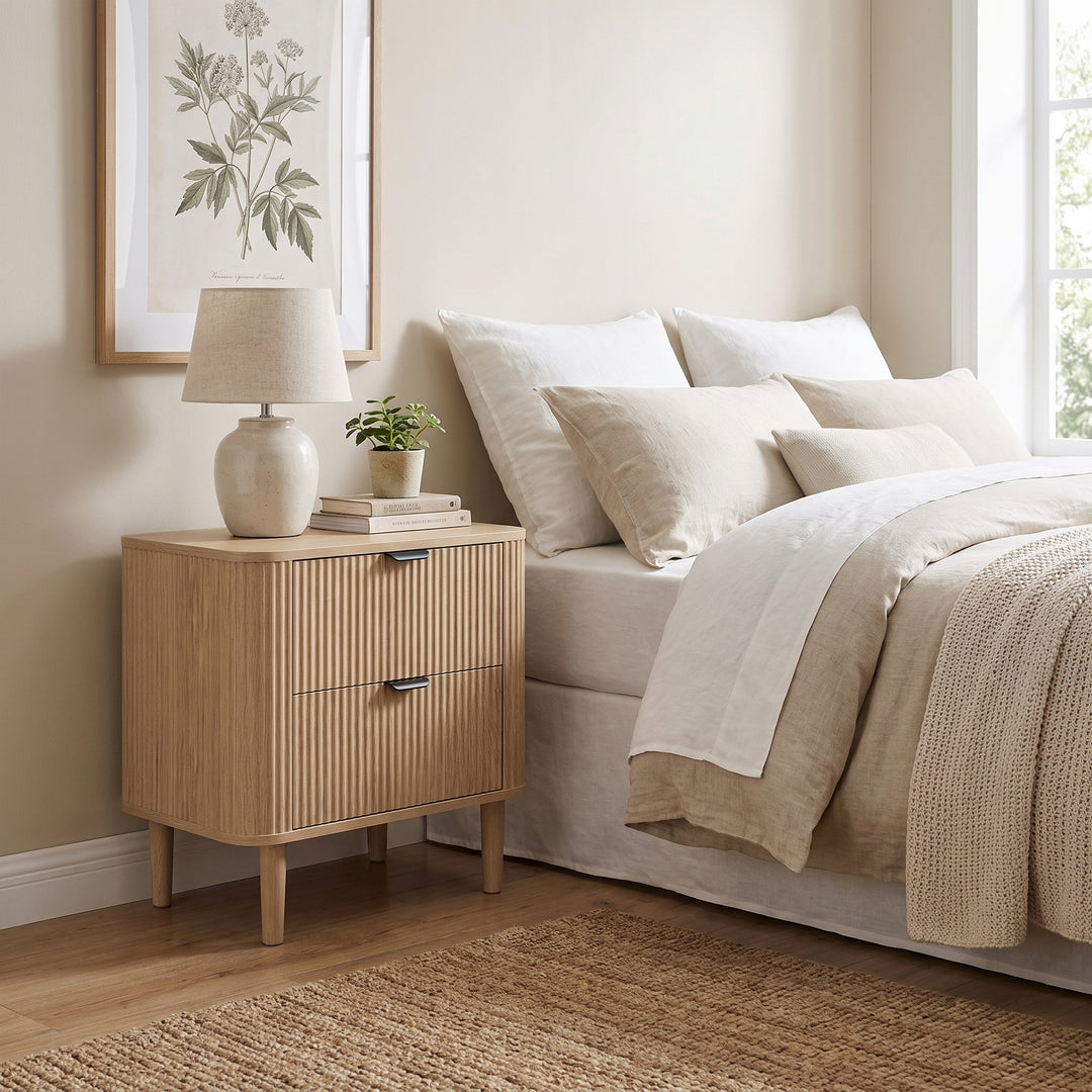 00+Nightstand Bedside Table Oak with Fluted 2-Drawer Storage for Bedroom WOODLINE