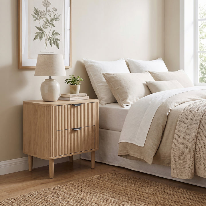 00+Nightstand Bedside Table Oak with Fluted 2-Drawer Storage for Bedroom WOODLINE