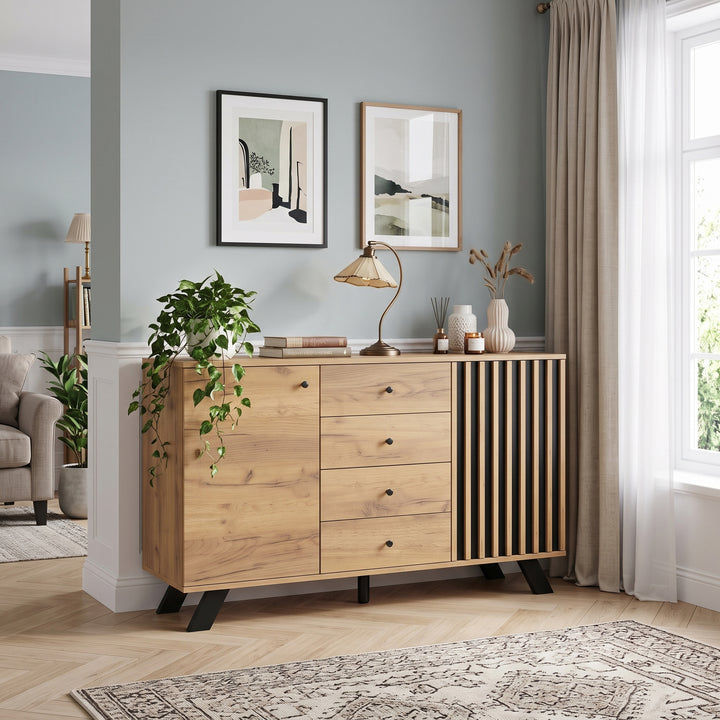 Oak Sideboard Cabinet with Black Stripe 4 Drawers & 2 Doors 120x38x75cm WOODCREDENZA