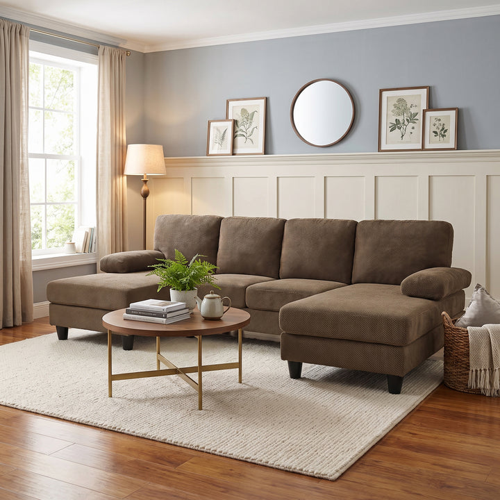 Modern Brown Fabric U-Shaped Sectional Sofa with Dual Chaises 264cm WOODTABLE