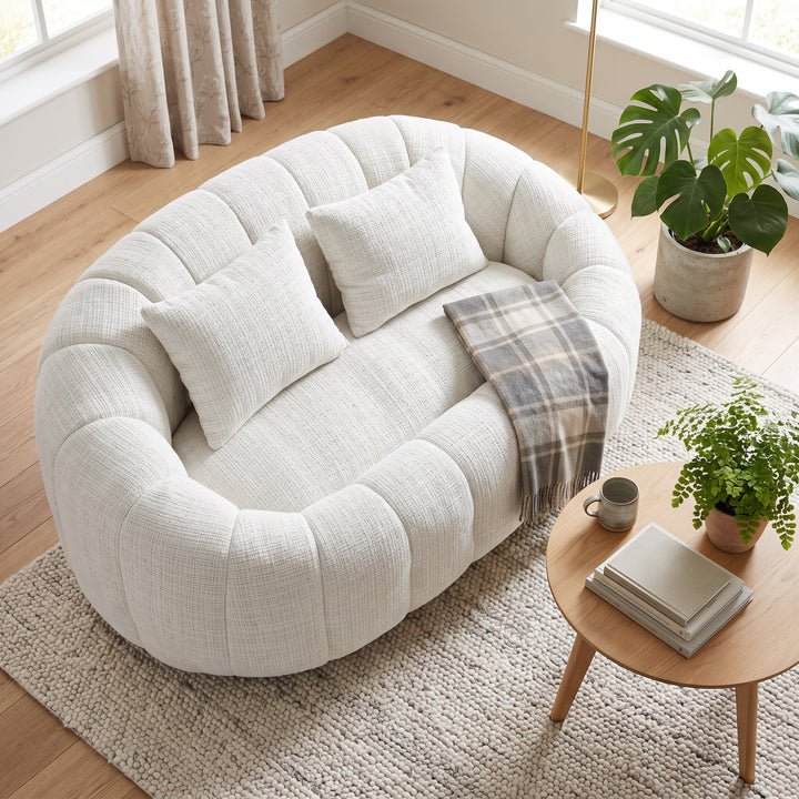 Contemporary Beige Chenille Curved Barrel Chair and Cuddle Lounger with 2 Pillows WOOLCHAIR