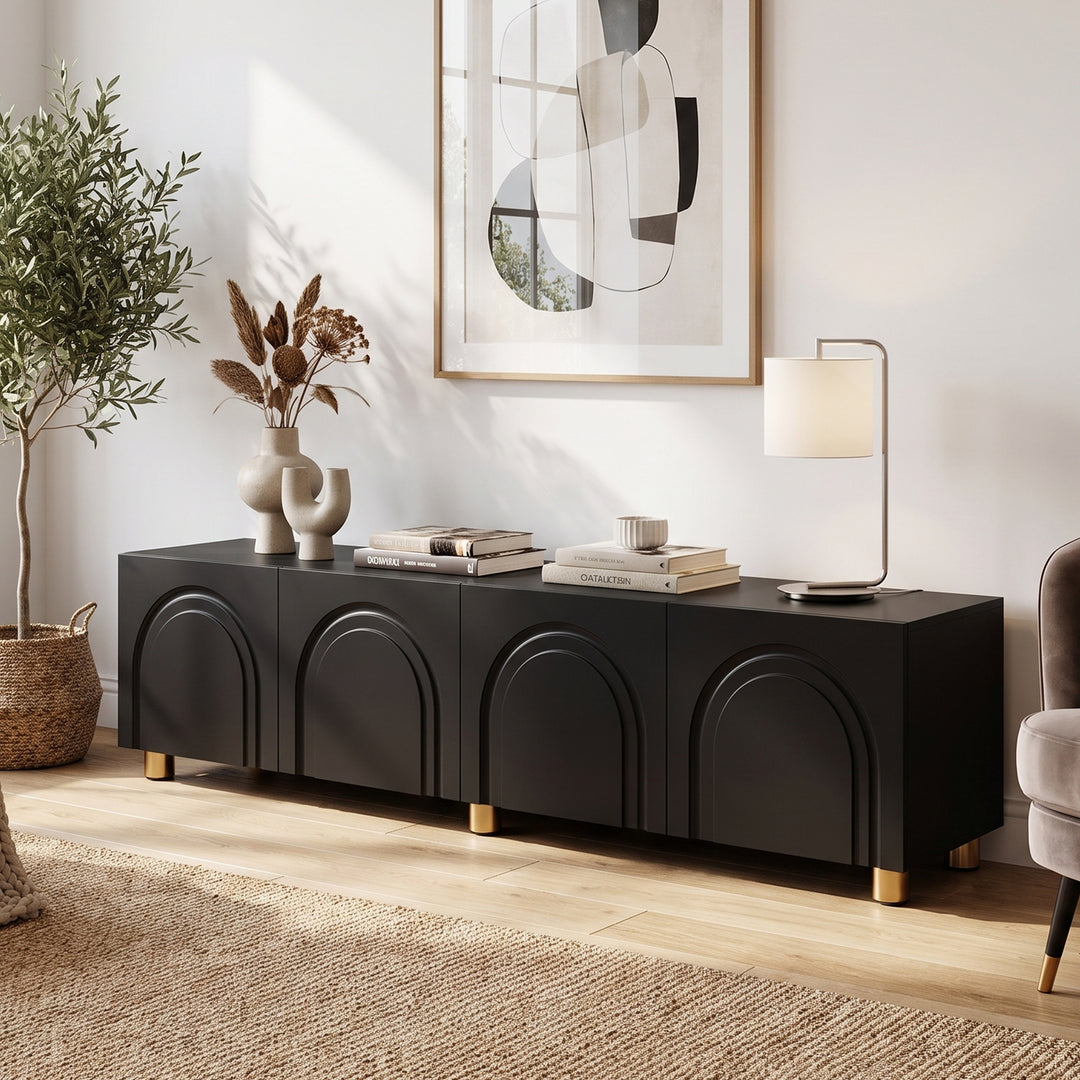 Black TV Cabinet with 4-Doors Arch Relief Storage 180cm TRITRUNK