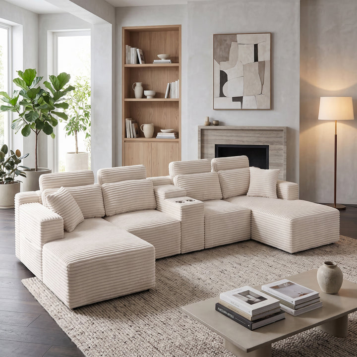 Corduroy U-Shaped Sectional 4–6 Seater Sofa with Dual Chaises, Modular Couch with Console and Cup Holders 370cm ARROWBED