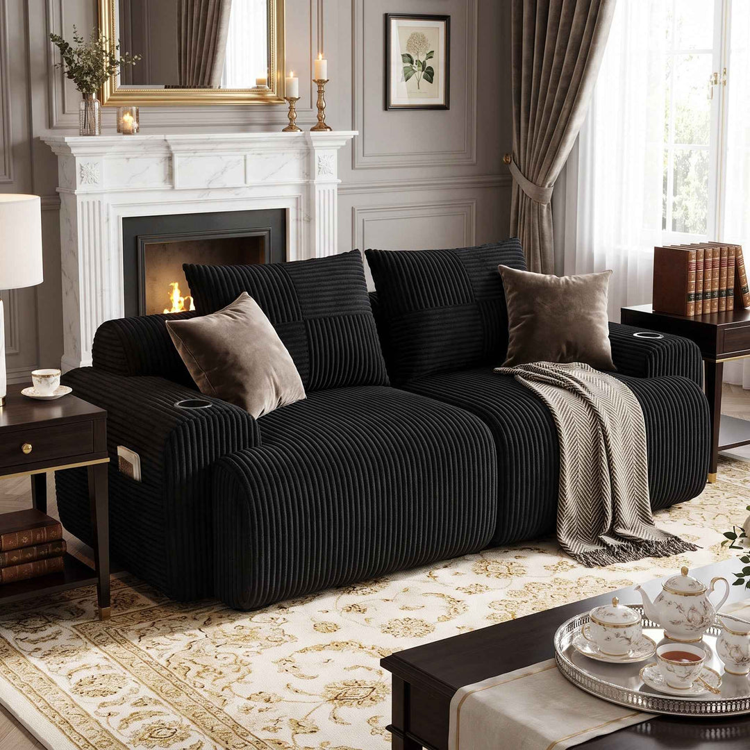 2-seater modular corduroy sofa, black with cup holders RACKGRAY