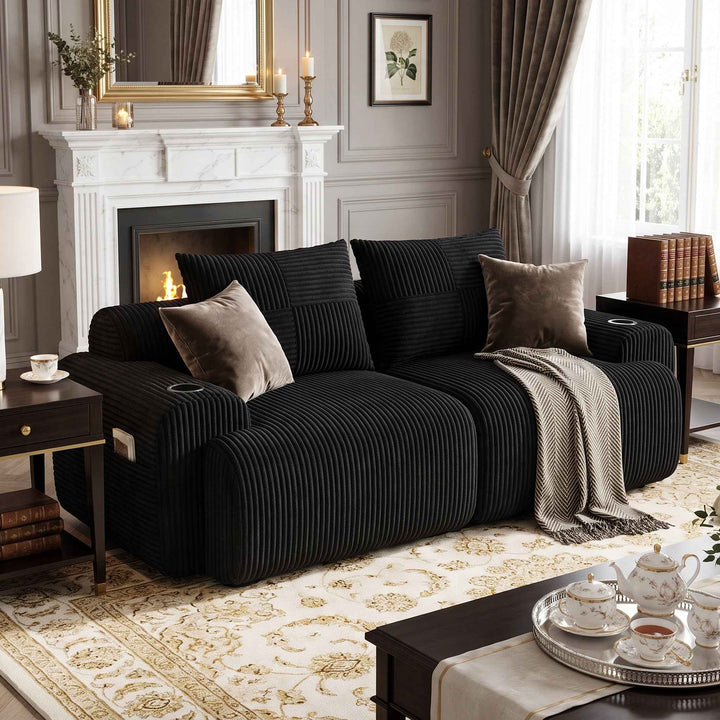 2-seater modular corduroy sofa, black with cup holders RACKGRAY