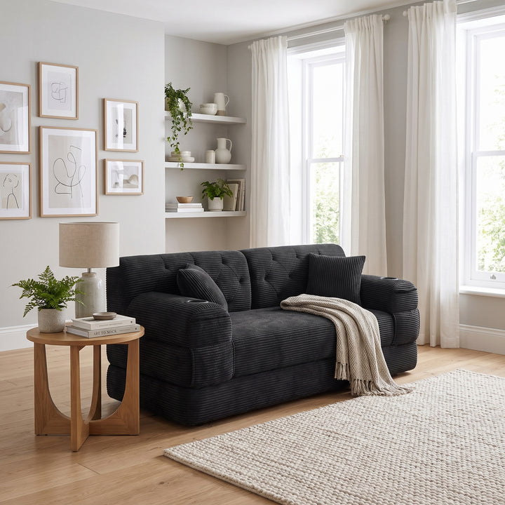 Contemporary Black Corduroy 2 Seaters Sofa Bed Convertible with Tufted Back and Cupholders WOODVANITY