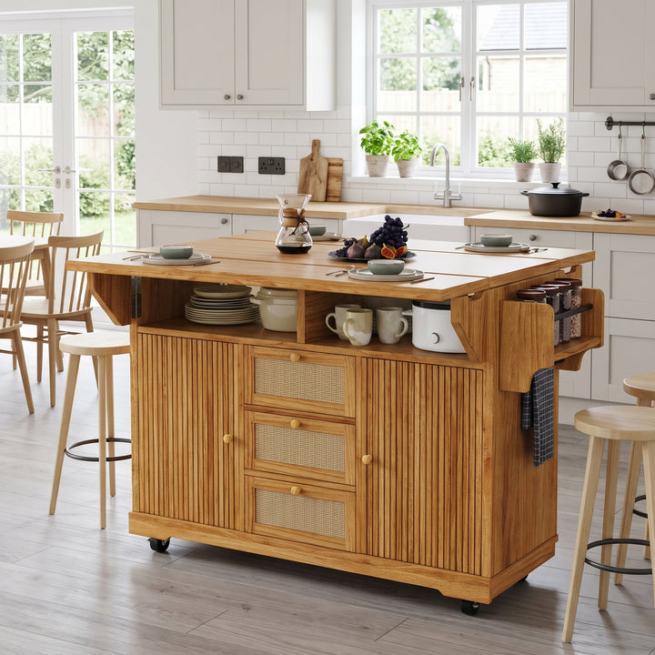 Kitchen Trolley Dark Brown Wooden with Folding Worktop & PE Rattan Drawers ARROWVASE