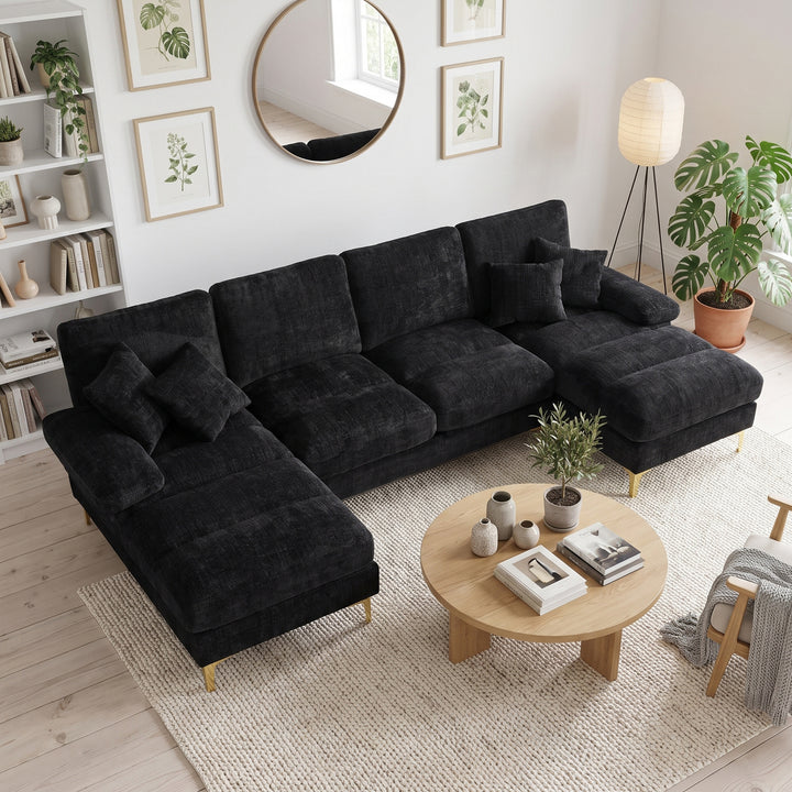 Modern Large U-Shaped Sectional Sofa with Double Chaises and Accent Pillows in Black 272cm WOOLDESK