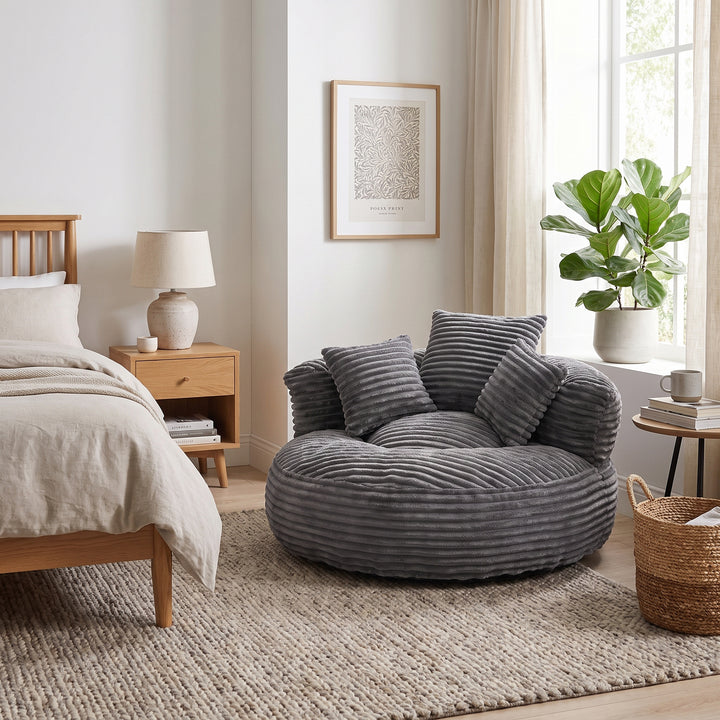 Large bean bag chair with 3 pillows, corduroy armchair, dark grey RACKWORK