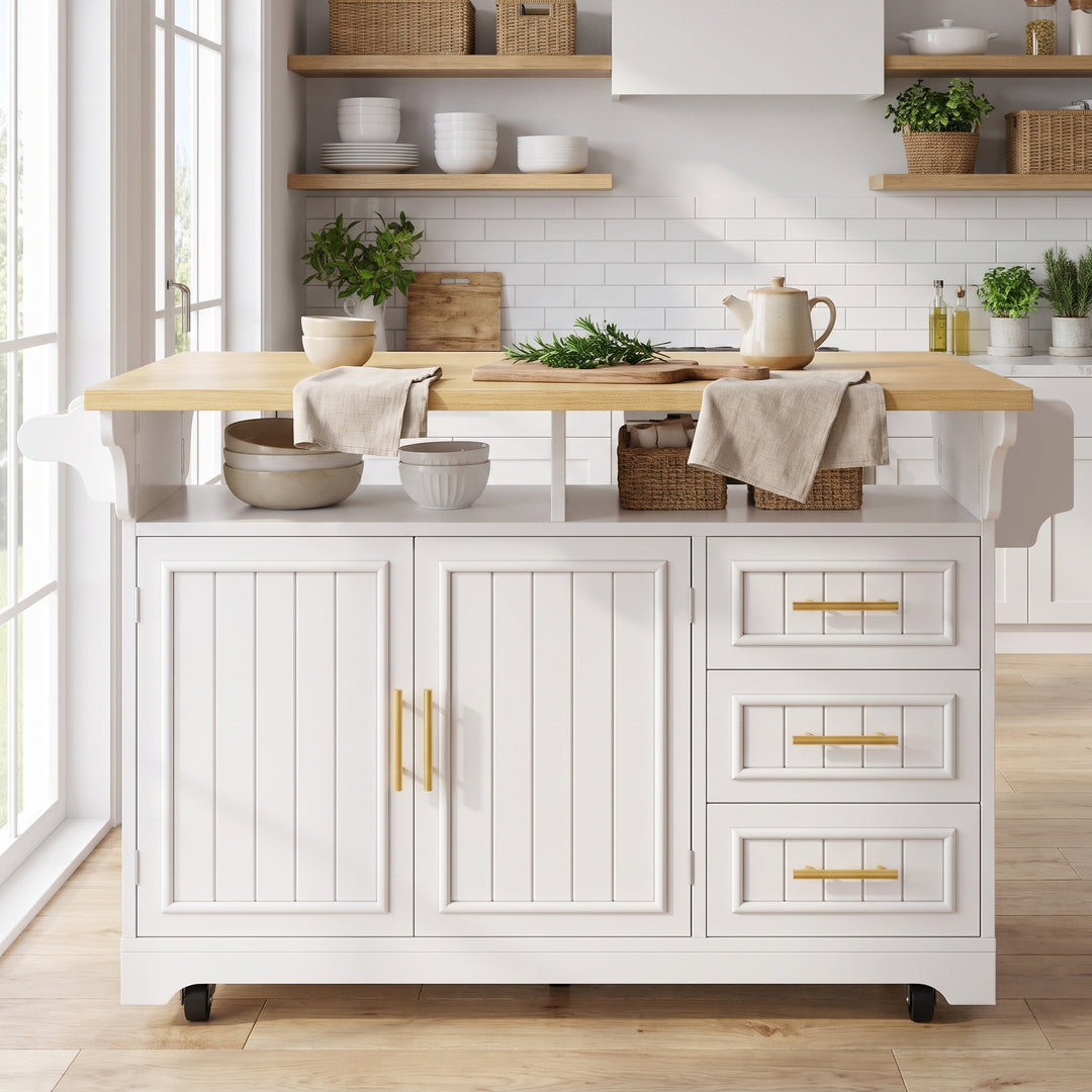 White Kitchen Island on Wheels with Fold-Out Worktop, 3 Drawers and Cabinets ARROWRUG