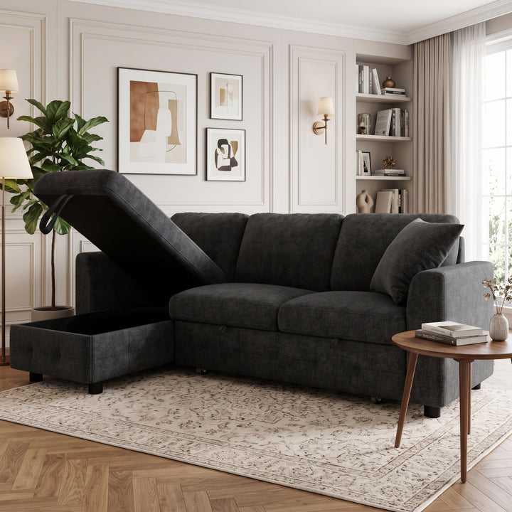 L-Shaped Corner 3-Seater Sofa Bed Grey Chenille with Storage Chaise and USB Charging 200cm ARROWCHEST