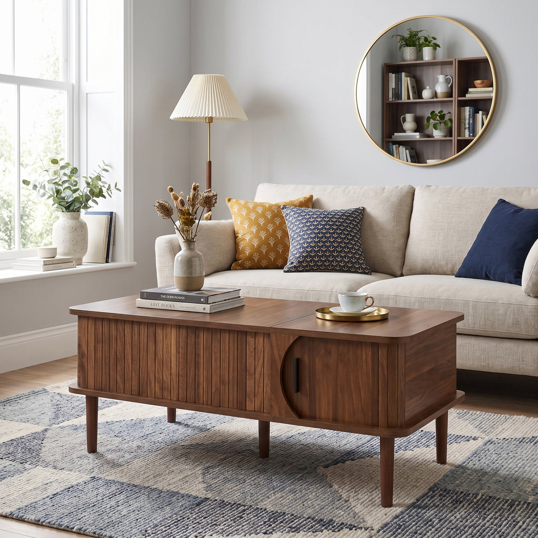 Walnut Lift-Top Coffee Table with Storage and Sliding Door 100cm WOODBOX