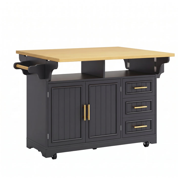 Black Kitchen Island on Castors with Fold-Out Worktop & Storage Drawers ARROWRACK
