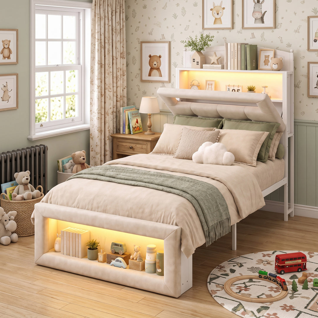 White Cream Velvet Single Bed Frame with Storage Headboard, Footboard & LED Lights 90x190cm WOODNIGHTSTAND