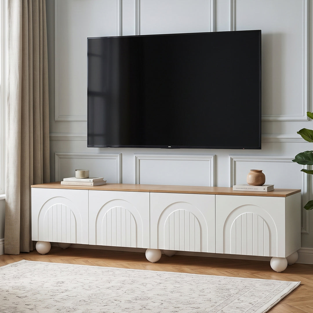 Modern Style White and Oak TV Stand with 4 Doors & Push-Open Storage 180cm WICKERSOFA