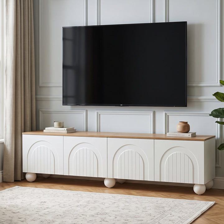 Modern Style White and Oak TV Stand with 4 Doors & Push-Open Storage 180cm WICKERSOFA