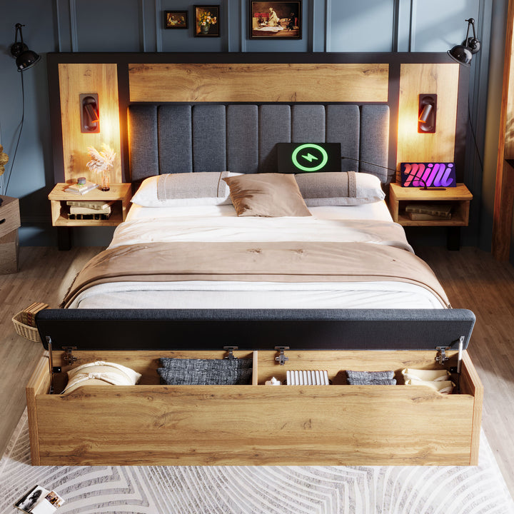 Double Oak Wooden Platform Bed with Storage Bench, Lamps and Charging Station 150x200cm URBANWICKERMAX