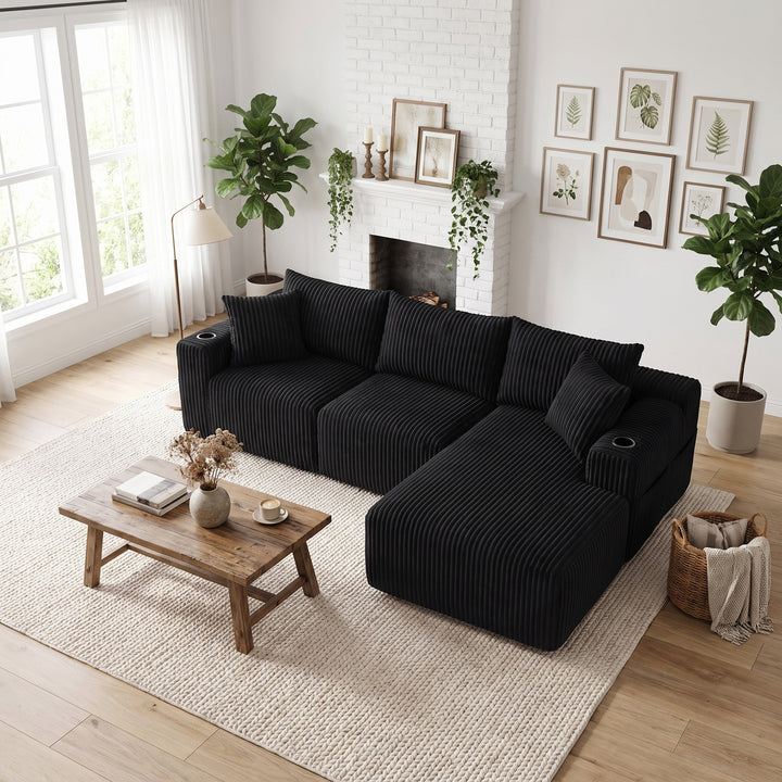 Black 3-Seater Corduroy L-Shaped Sectional Sofa with Chaise and Cup Holders WOOLCURTAIN