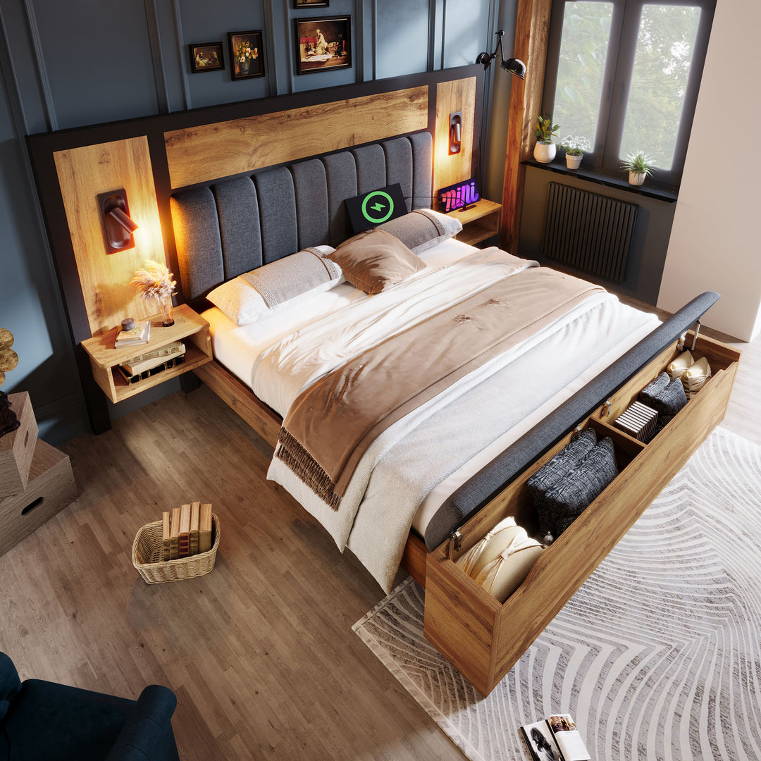 Double Oak Wooden Platform Bed with Storage Bench, Lamps and Charging Station 150x200cm URBANWICKERMAX