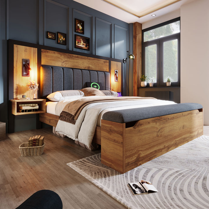 Double Oak Wooden Platform Bed with Storage Bench, Lamps and Charging Station 150x200cm URBANWICKERMAX