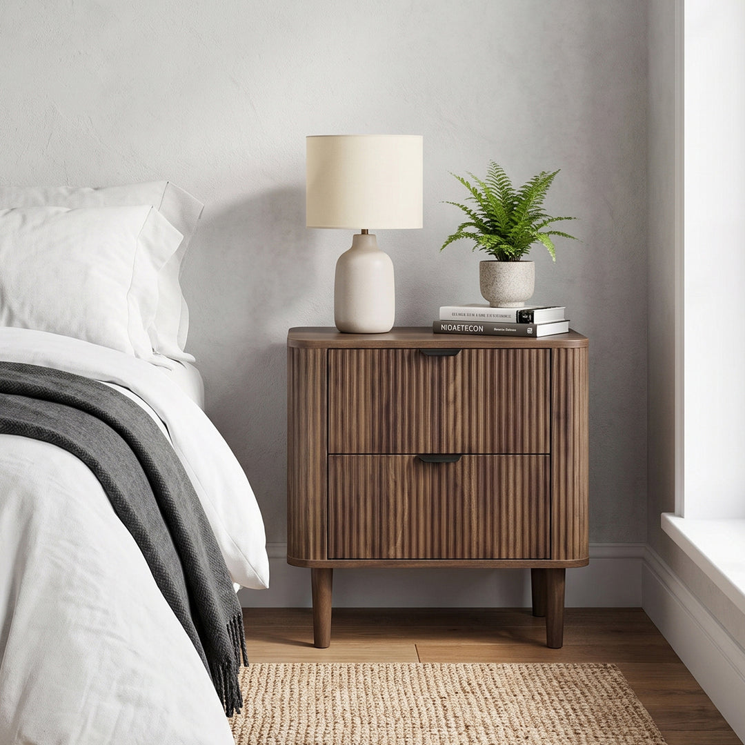 Walnut Nightstand Bedside Table with Fluted 2-Drawer Storage WOODLINE