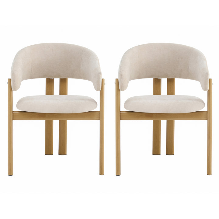Set of 2 Wooden Dining Chairs Beige Linen Upholstered Armchairs TRUNKSTONE