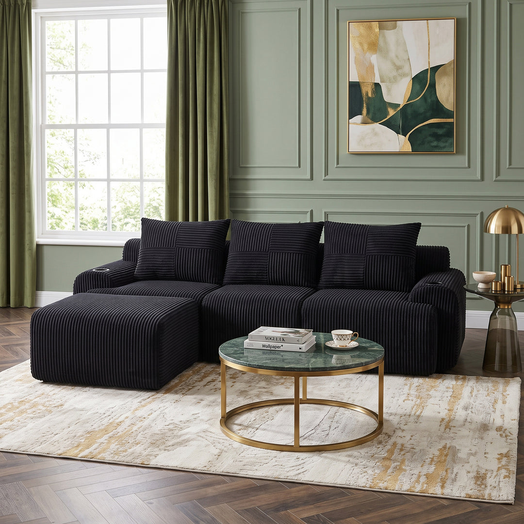 Modular 3-seater L-shape corduroy sofa with ottomans, black, storage pockets RACKGREEN