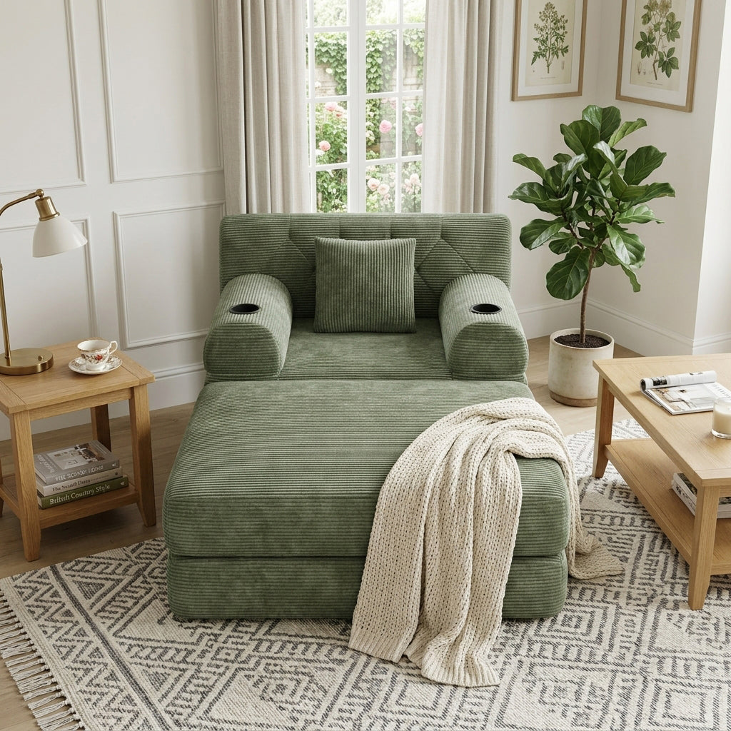 Contemporary Green Corduroy Lounger Convertible with Tufted Back and Cupholders WOOLCABINET