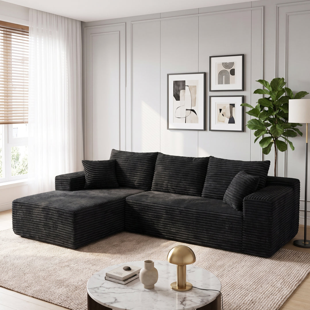 Black L-Shaped Sectional Sofa Corduroy with Deep Seat 237cm ARROWDRESSER