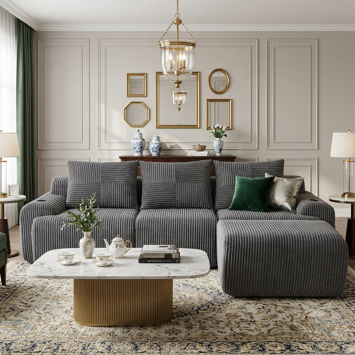 3-seater L-shaped modular corduroy sofa with ottomans, dark grey lounge RACKMARBLE