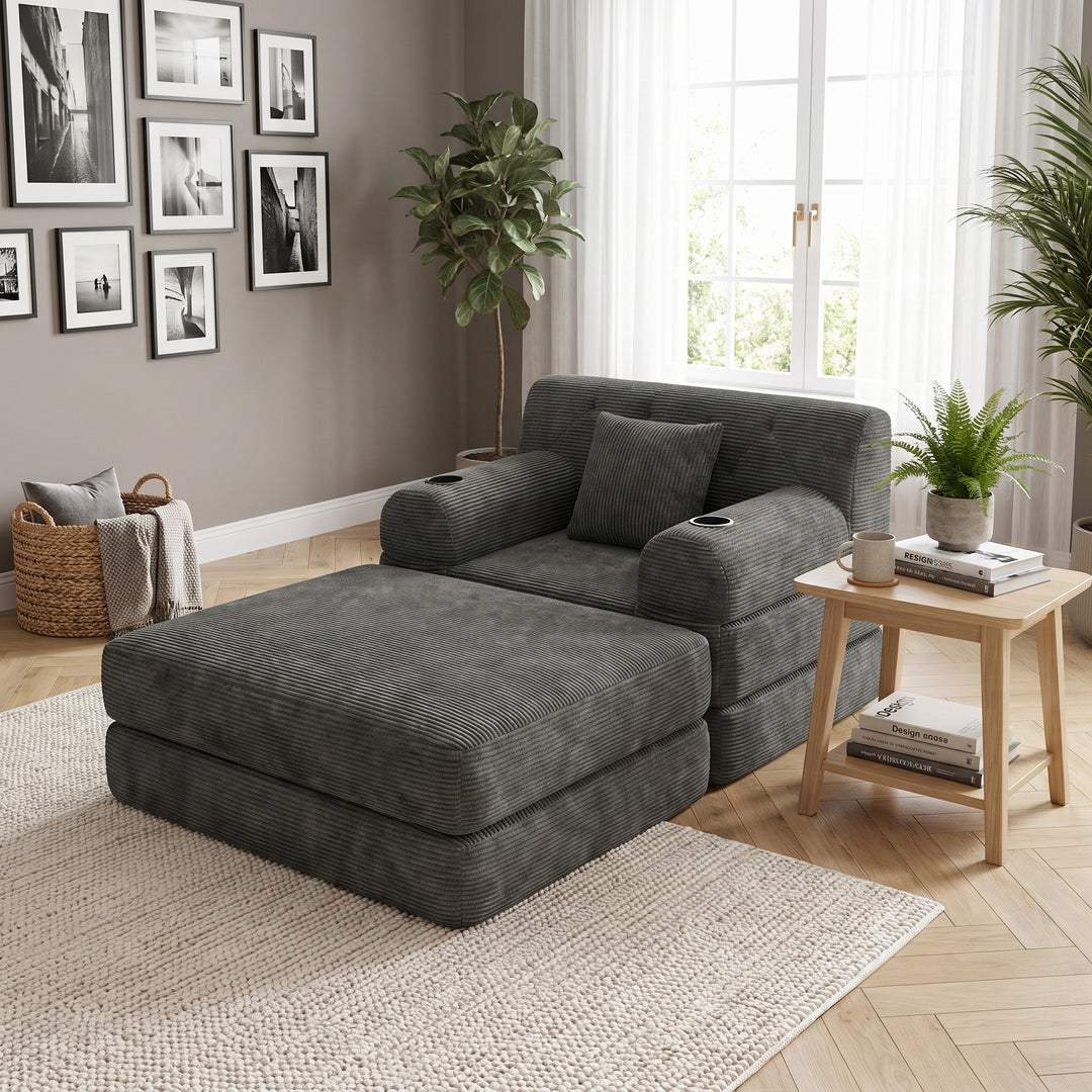 Contemporary Grey Corduroy Lounger with Tufted Back and Cupholders WOOLBASKET