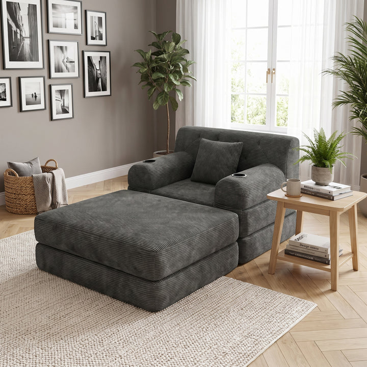 Contemporary Grey Corduroy Lounger with Tufted Back and Cupholders WOOLBASKET