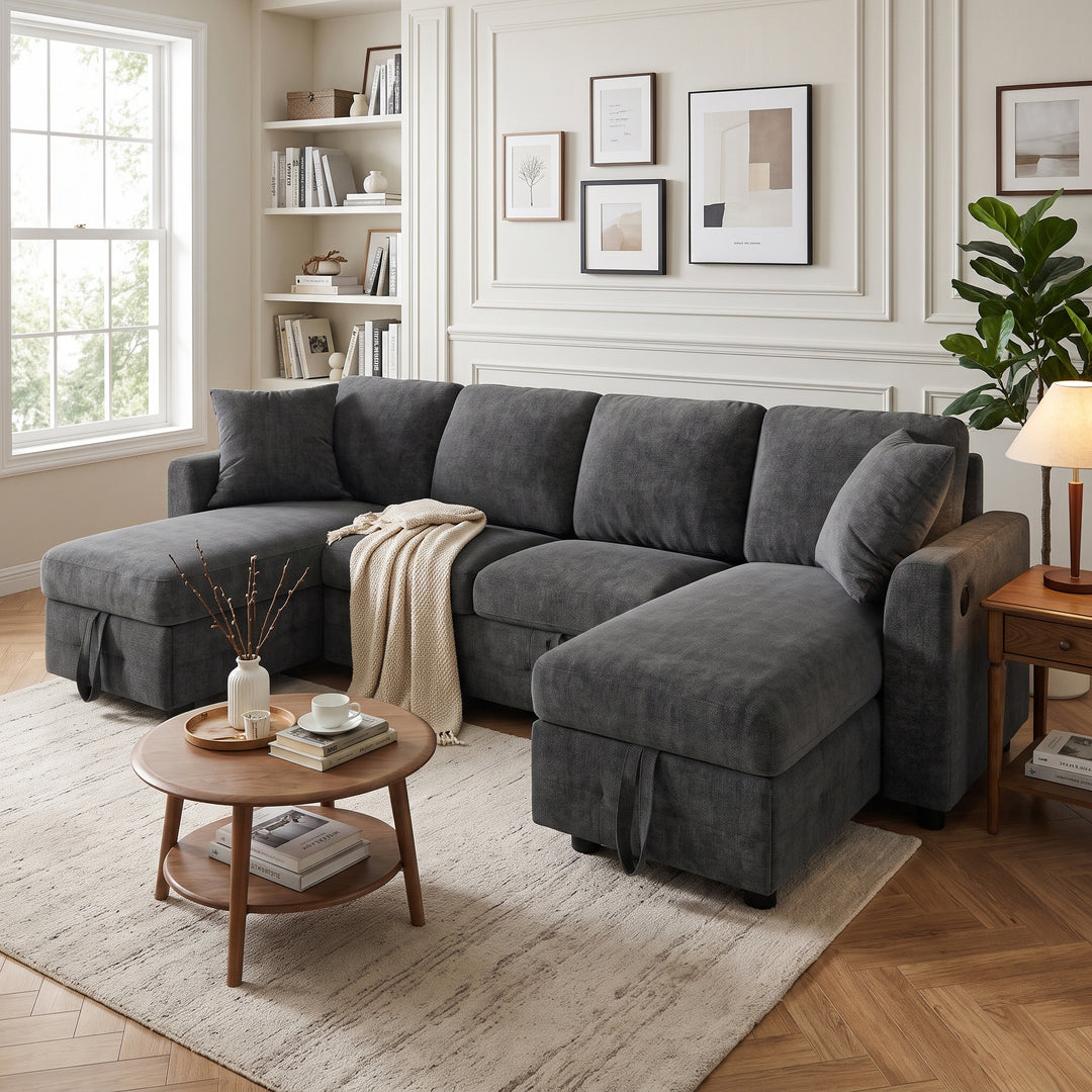 U-Shaped Sectional Sofa Grey Chenille with Pull-Out Bed &amp; 2 Storage Chaises 260cm ARROWCABINET