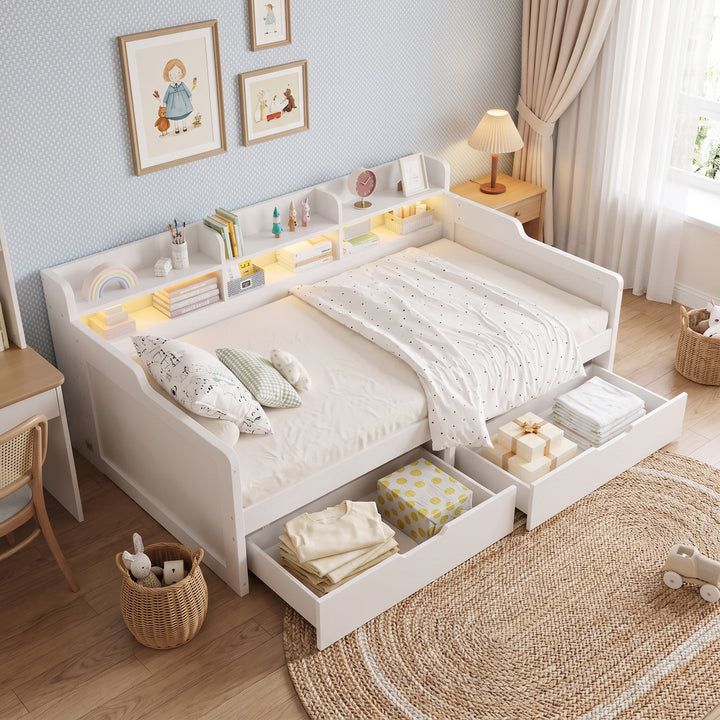 White Wooden Single Daybed Storage with 2 Wheeled Drawers and LED Light 90x190cm WOODWARDROBE